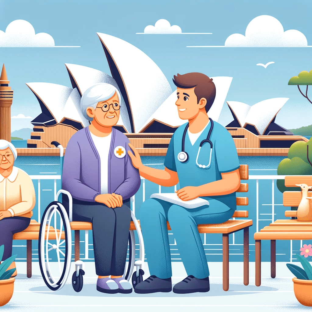 DALL·E 2023-12-27 12.45.54 - An image symbolizing disability support services in Australia, featuring a caregiver and a person with a disability in a setting that includes iconic -min