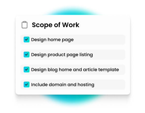 Scope of Work checklist with four items all checked: home page, product page listing, blog home/article template, domain and hosting.