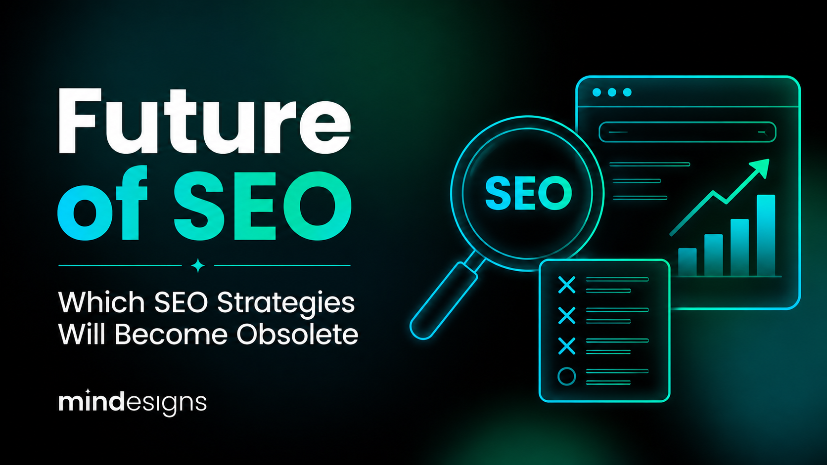 Hero banner reading 'Future of SEO' with neon magnifier and rising chart graphics, subtitle 'Which SEO Strategies Will Become Obsolete'.