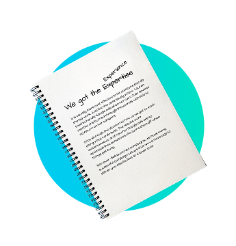 Spiral notebook tilted on a bright teal circle; page headline reads 'We got the Experience' with body text.