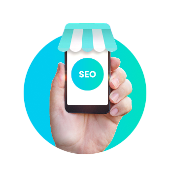 Hand holding a smartphone displaying a blue SEO badge under a shop canopy, symbolizing mobile/local SEO.