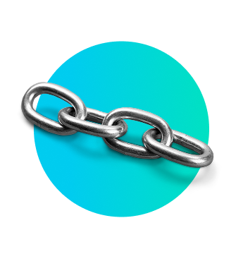 Metal chain links crossing a turquoise gradient circle.