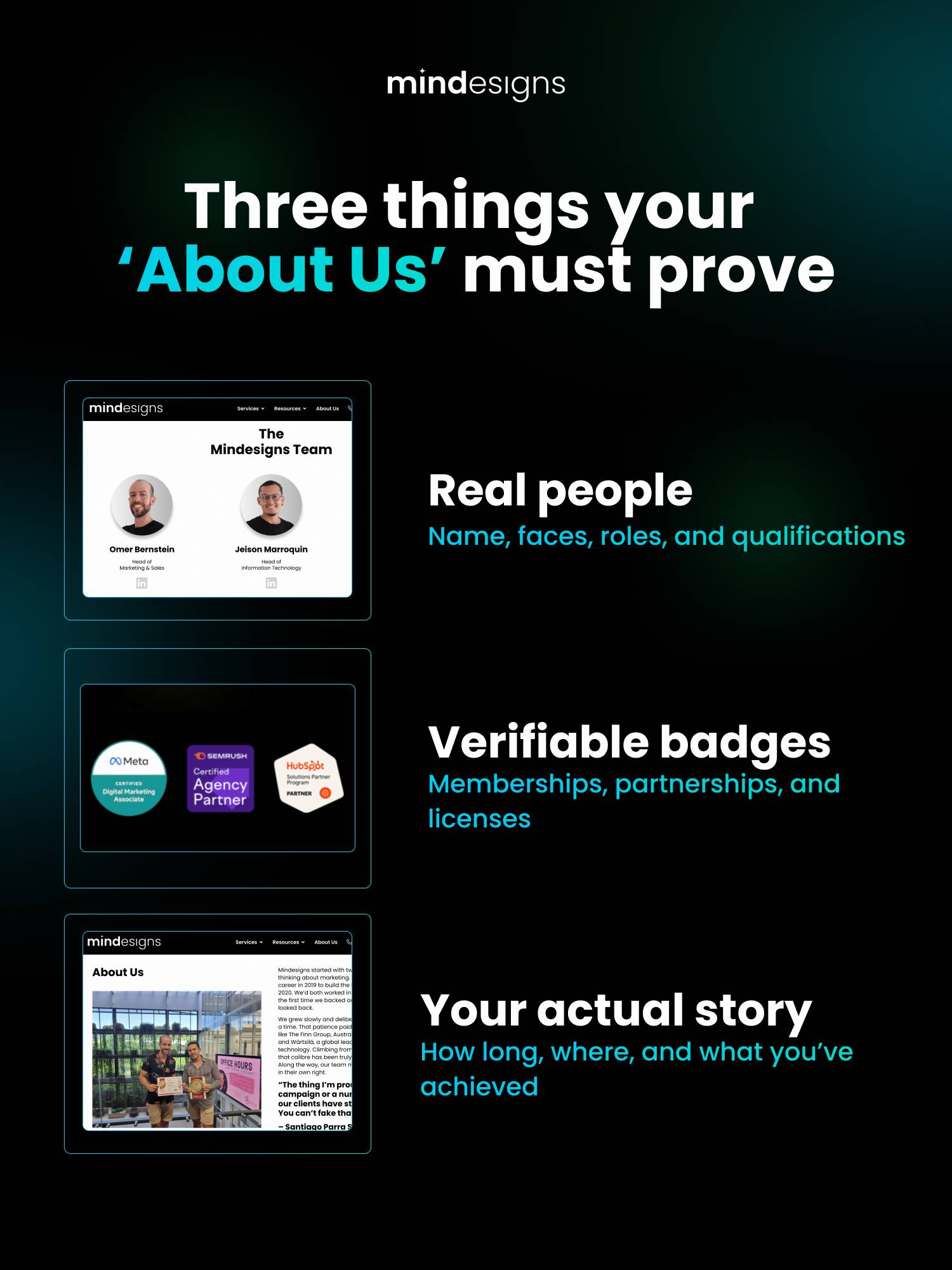 Three proofs every About Us page needs: real people, verifiable badges, and a real story