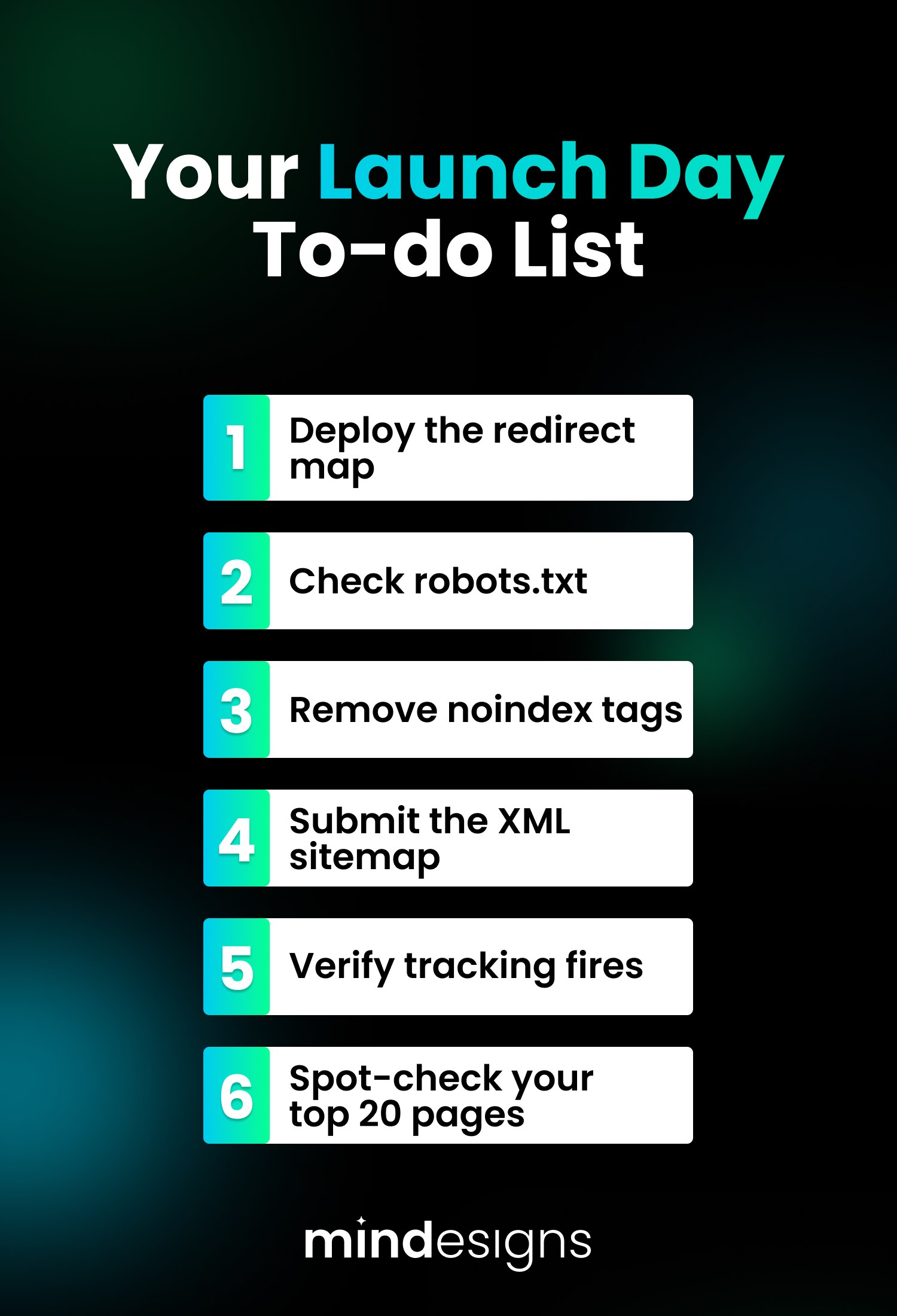 Launch day to-do list showing bullets to complete before and after going live with a website migration.