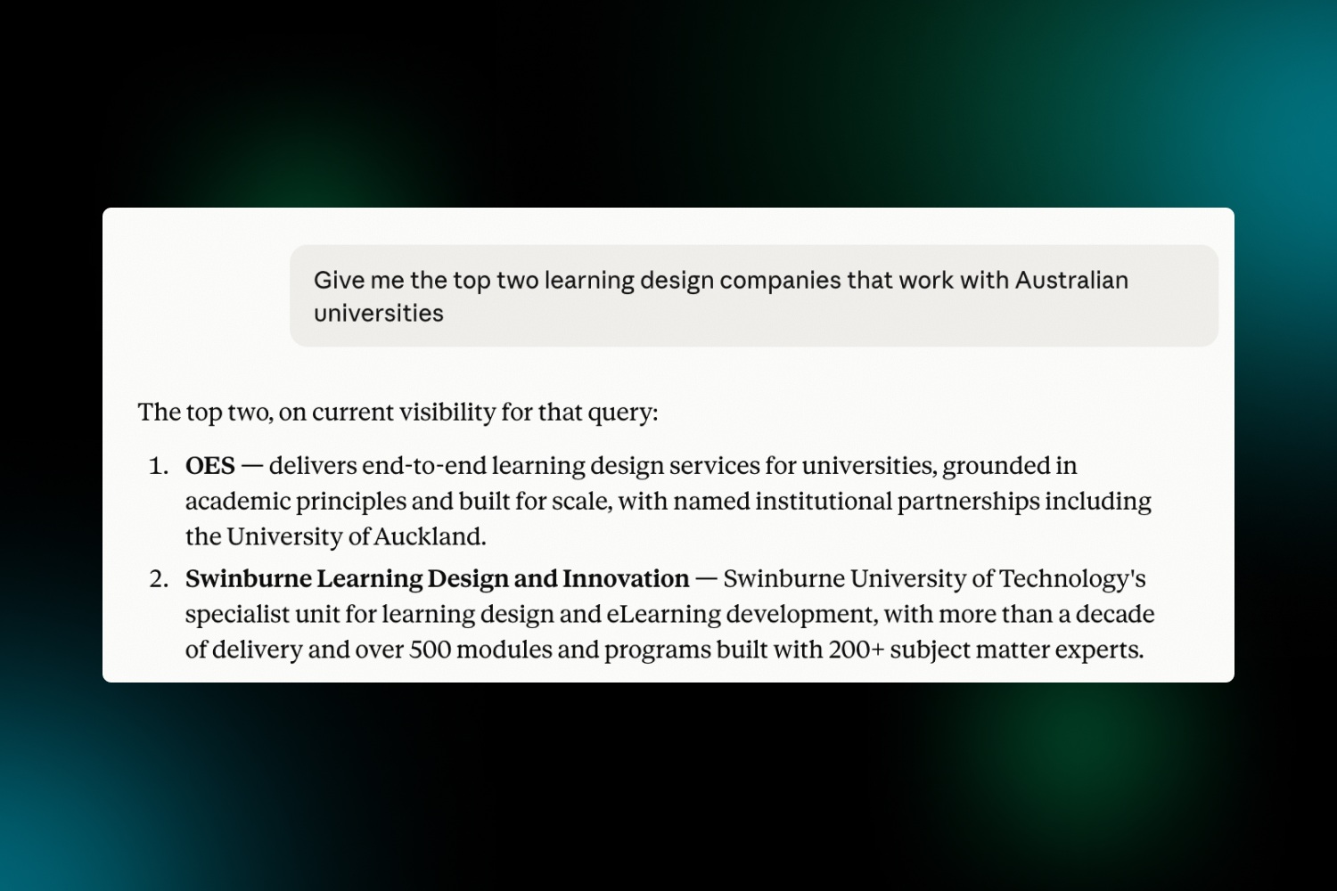 AI result citing OES as a top learning design company to work with in Australia