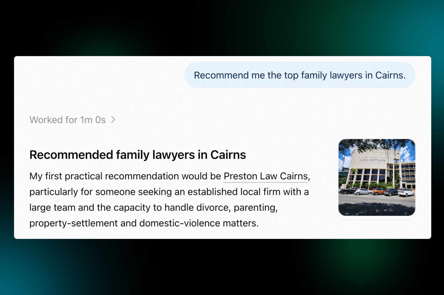 An AI search asking recommendations for a family lawyer in Cairns